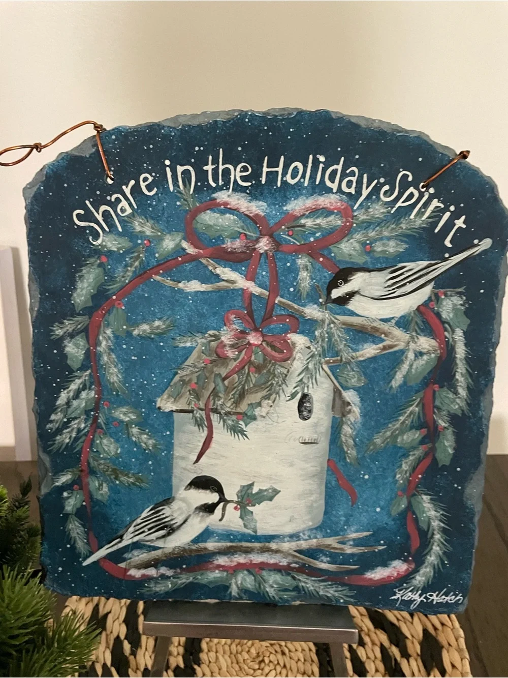 Holiday Slate Plaque Wall Art - Blue Birdhouse Design on slate